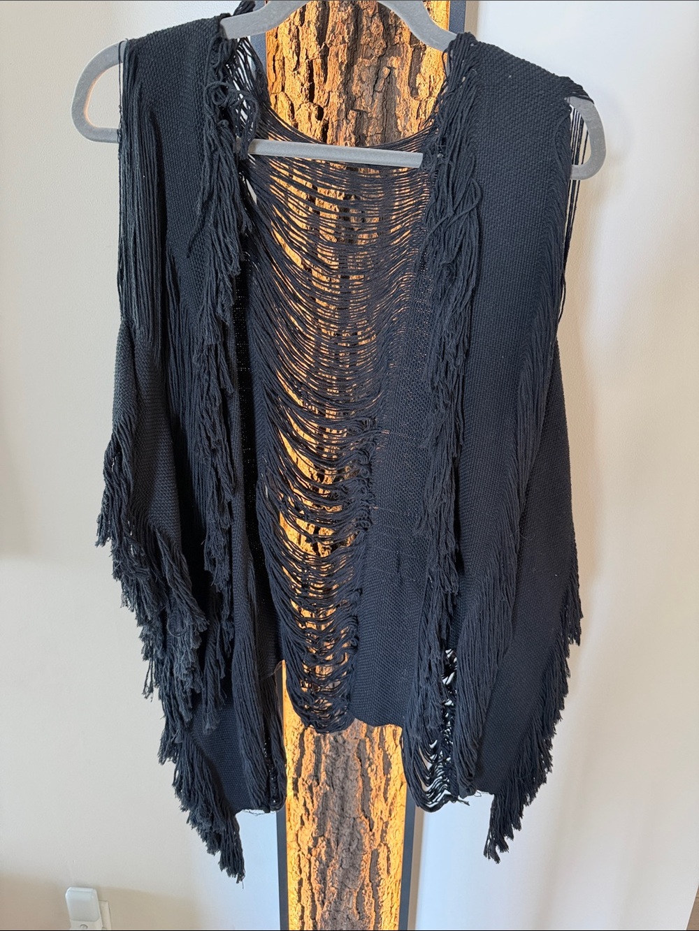 Black Fringe Open-Front Knit Vest